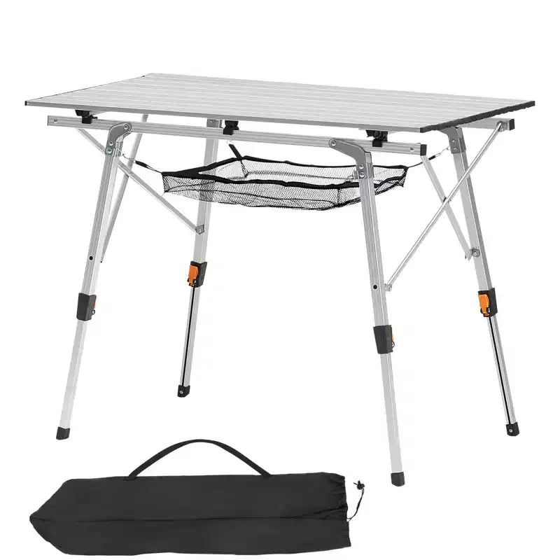 VEVOR Folding Camping Table, Portable Roll Up Side Tables, Lightweight Aluminum Beach Table with Adjustable Height, Top Mesh Layer, Silver