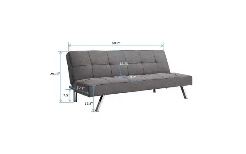 Moderno divano letto futon convertibile, divanetto in tessuto con gambe in metallo, schienale regolabile
