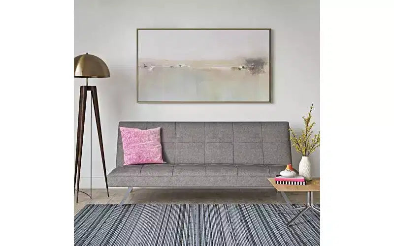Moderno divano letto futon convertibile, divanetto in tessuto con gambe in metallo, schienale regolabile