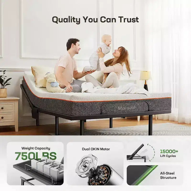 Marsail Letto Regolabile Twin XL, Rete a Doghe Regolabile in Altezza con Inclinazione Testa e Piedi, Luce Notturna, Telecomando Wireless, 4 Porte USB e 4 Opzioni di Altezza