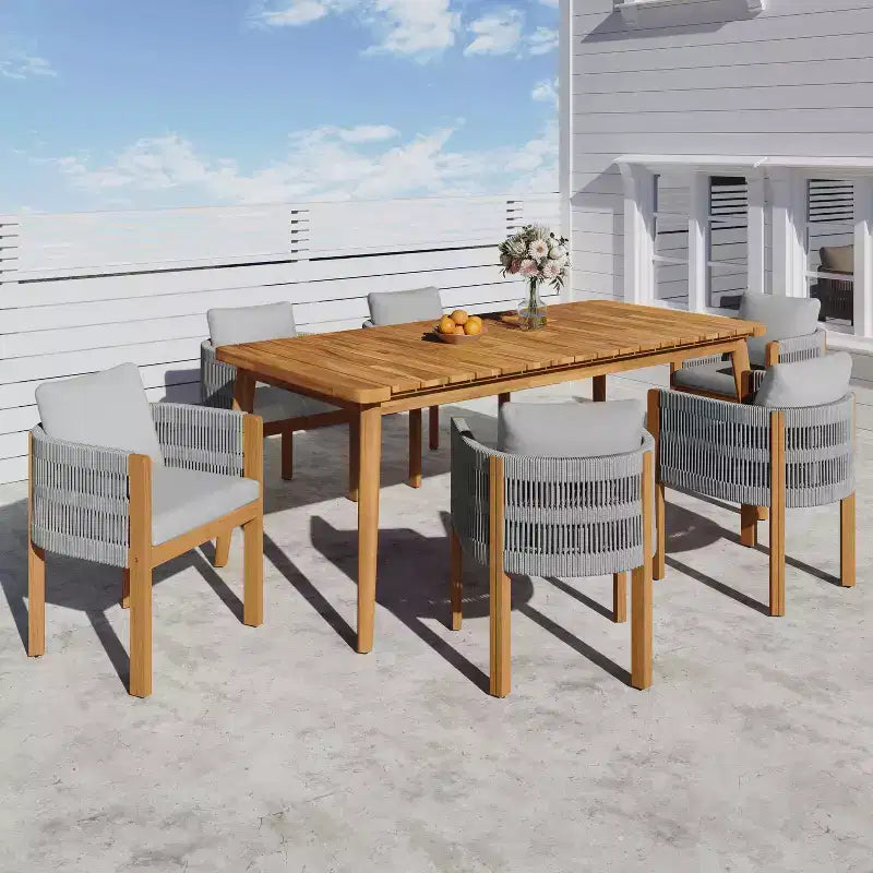 Christopher Knight Home Corin Set da Pranzo Rustico da Esterno 7 Pezzi in Legno di Acacia con Corda Intrecciata, Tavolo a Doghe e Cuscini