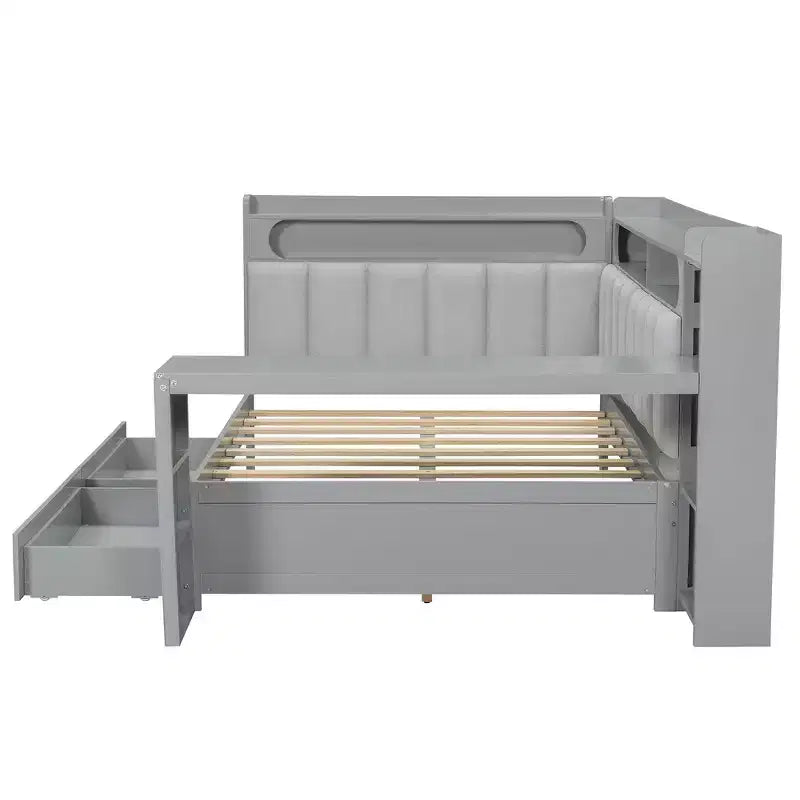 Divano Letto Whisen Full Size con Scaffali, Cassetti, Stazione di Ricarica, Luce LED, Scrivania, Testiera e Schienale Imbottiti