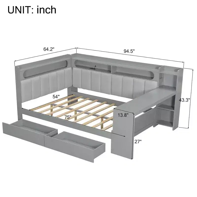 Divano Letto Whisen Full Size con Scaffali, Cassetti, Stazione di Ricarica, Luce LED, Scrivania, Testiera e Schienale Imbottiti