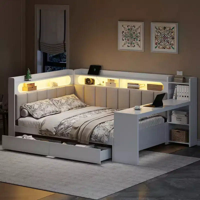 Divano Letto Whisen Full Size con Scaffali, Cassetti, Stazione di Ricarica, Luce LED, Scrivania, Testiera e Schienale Imbottiti