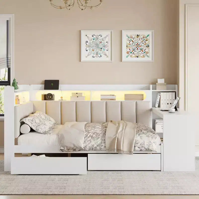 Divano Letto Whisen Full Size con Scaffali, Cassetti, Stazione di Ricarica, Luce LED, Scrivania, Testiera e Schienale Imbottiti