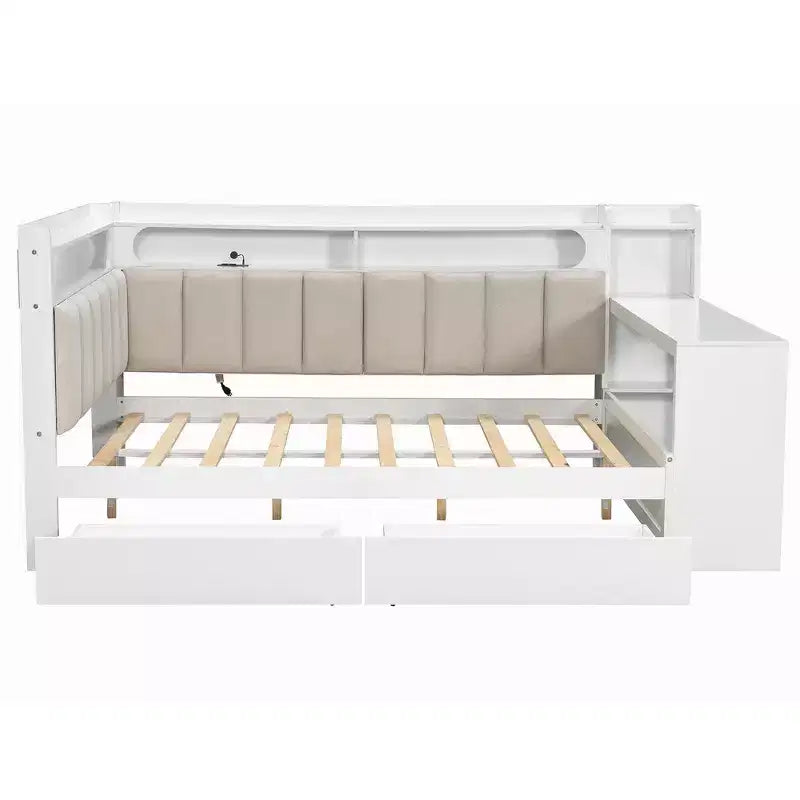 Divano Letto Whisen Full Size con Scaffali, Cassetti, Stazione di Ricarica, Luce LED, Scrivania, Testiera e Schienale Imbottiti