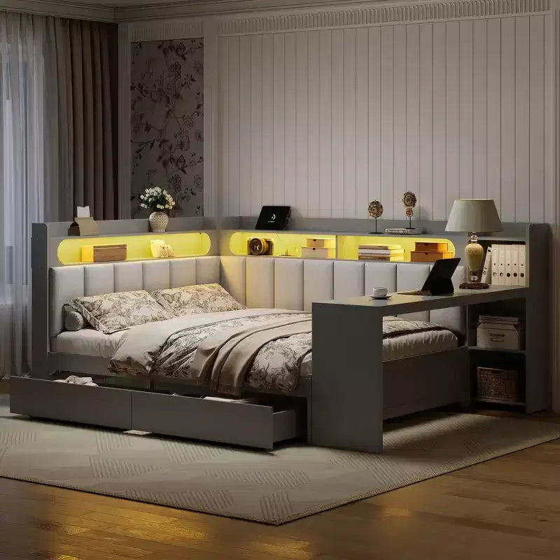Divano Letto Whisen Full Size con Scaffali, Cassetti, Stazione di Ricarica, Luce LED, Scrivania, Testiera e Schienale Imbottiti