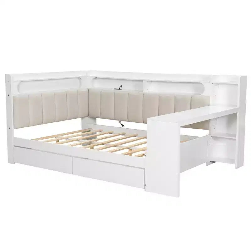 Divano Letto Whisen Full Size con Scaffali, Cassetti, Stazione di Ricarica, Luce LED, Scrivania, Testiera e Schienale Imbottiti