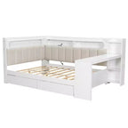 Divano Letto Whisen Full Size con Scaffali, Cassetti, Stazione di Ricarica, Luce LED, Scrivania, Testiera e Schienale Imbottiti