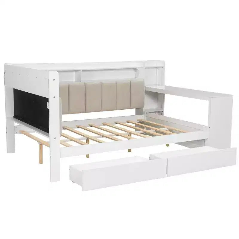 Divano Letto Whisen Full Size con Scaffali, Cassetti, Stazione di Ricarica, Luce LED, Scrivania, Testiera e Schienale Imbottiti