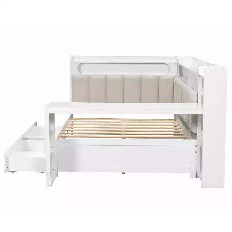 Divano Letto Whisen Full Size con Scaffali, Cassetti, Stazione di Ricarica, Luce LED, Scrivania, Testiera e Schienale Imbottiti