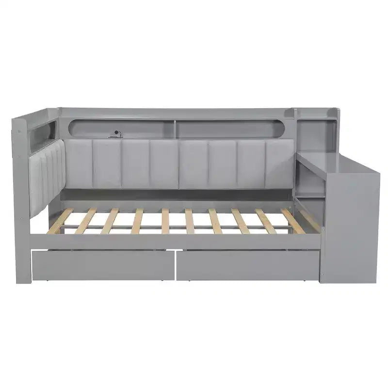 Divano Letto Whisen Full Size con Scaffali, Cassetti, Stazione di Ricarica, Luce LED, Scrivania, Testiera e Schienale Imbottiti