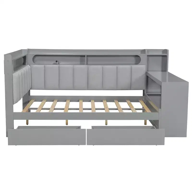 Divano Letto Whisen Full Size con Scaffali, Cassetti, Stazione di Ricarica, Luce LED, Scrivania, Testiera e Schienale Imbottiti