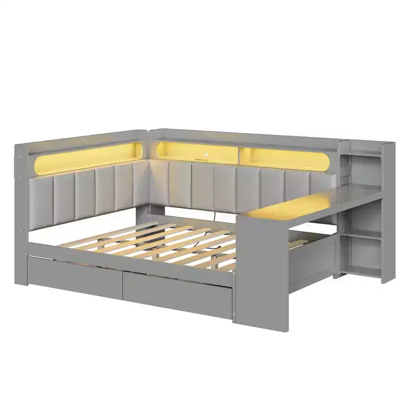 Divano Letto Whisen Full Size con Scaffali, Cassetti, Stazione di Ricarica, Luce LED, Scrivania, Testiera e Schienale Imbottiti