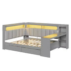 Divano Letto Whisen Full Size con Scaffali, Cassetti, Stazione di Ricarica, Luce LED, Scrivania, Testiera e Schienale Imbottiti