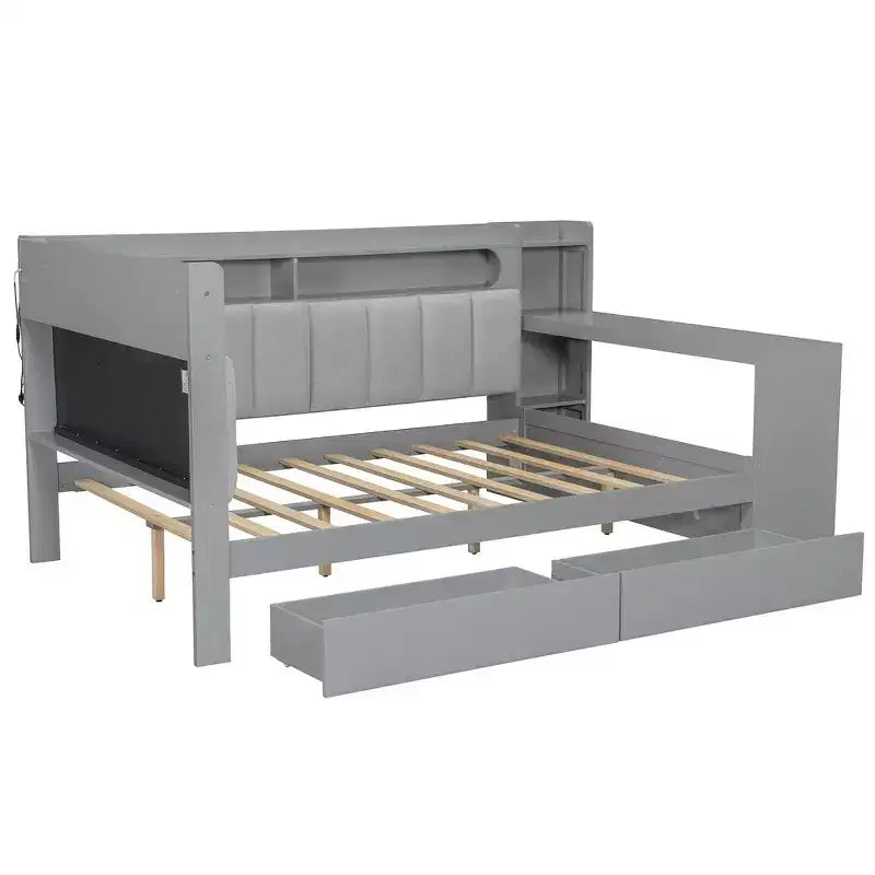 Divano Letto Whisen Full Size con Scaffali, Cassetti, Stazione di Ricarica, Luce LED, Scrivania, Testiera e Schienale Imbottiti