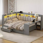 Whisen Full Size Daybed with Storage Shelves, Drawers, Charging Station, LED Light, Desk, Upholstered Headboard and Backrest