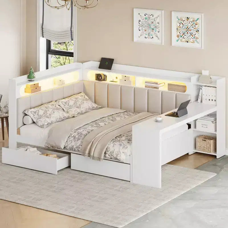 Divano Letto Whisen Full Size con Scaffali, Cassetti, Stazione di Ricarica, Luce LED, Scrivania, Testiera e Schienale Imbottiti