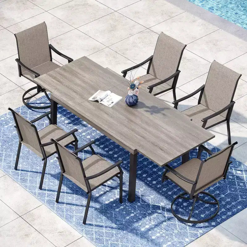 Captiva Designs Set da 7 Pezzi da Giardino Tavolo da Pranzo Estensibile in Acciaio e Sedie a Braccioli in Textilene Marrone