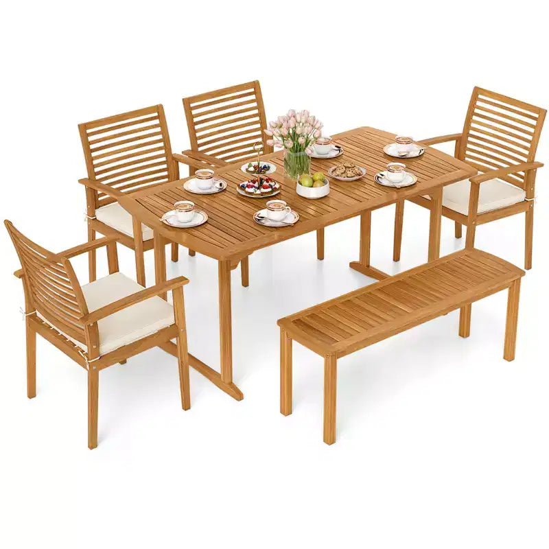 Costway Set da Pranzo per Esterni 6 Pezzi in Legno di Acacia, Tavolo Rettangolare con 4 Sedie e Panca