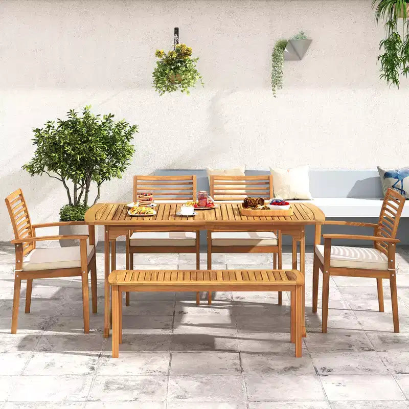Costway Set da Pranzo per Esterni 6 Pezzi in Legno di Acacia, Tavolo Rettangolare con 4 Sedie e Panca