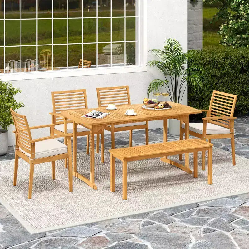 Costway Set da Pranzo per Esterni 6 Pezzi in Legno di Acacia, Tavolo Rettangolare con 4 Sedie e Panca