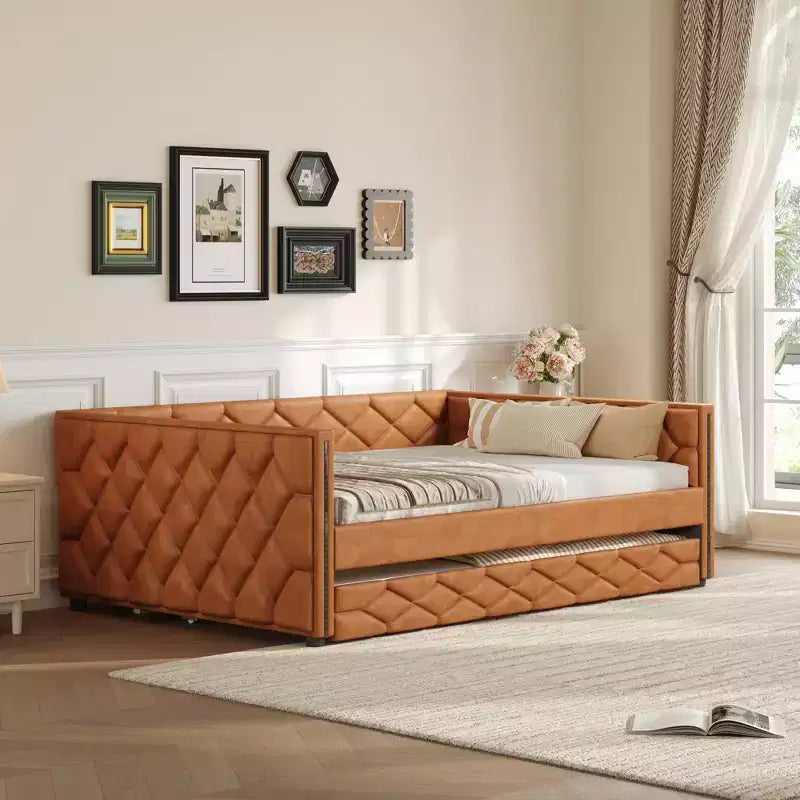 Divano Letto Imbottito Whisen Full XL con Letto Estraibile, Divano Letto, Letto per Ospiti con Struttura in Legno Massello di Pino, Pelle PU, Braccioli Trapuntati