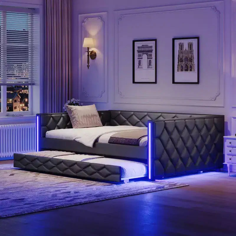 Divano Letto Imbottito Whisen Full XL con Letto Estraibile, Divano Letto, Letto per Ospiti con Struttura in Legno Massello di Pino, Pelle PU, Braccioli Trapuntati