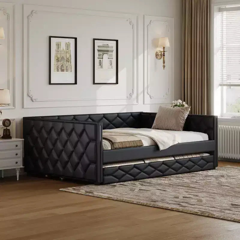 Divano Letto Imbottito Whisen Full XL con Letto Estraibile, Divano Letto, Letto per Ospiti con Struttura in Legno Massello di Pino, Pelle PU, Braccioli Trapuntati