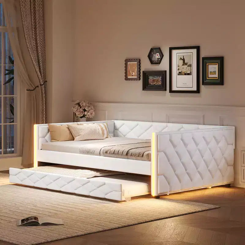 Divano Letto Imbottito Whisen Full XL con Letto Estraibile, Divano Letto, Letto per Ospiti con Struttura in Legno Massello di Pino, Pelle PU, Braccioli Trapuntati