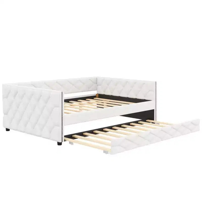 Divano Letto Imbottito Whisen Full XL con Letto Estraibile, Divano Letto, Letto per Ospiti con Struttura in Legno Massello di Pino, Pelle PU, Braccioli Trapuntati