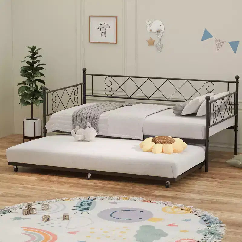 COZONY Letto Divano in Metallo Gemello con Materasso Estraibile, Testiera a Cuore, Struttura per Letto Divano in Acciaio a Doghe, Letto per Ospiti Salvaspazio per Camera da Letto Facile da Montare