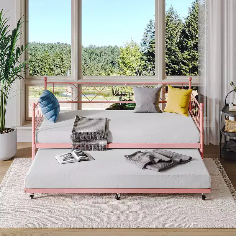 COZONY Letto Divano in Metallo Gemello con Materasso Estraibile, Testiera a Cuore, Struttura per Letto Divano in Acciaio a Doghe, Letto per Ospiti Salvaspazio per Camera da Letto Facile da Montare
