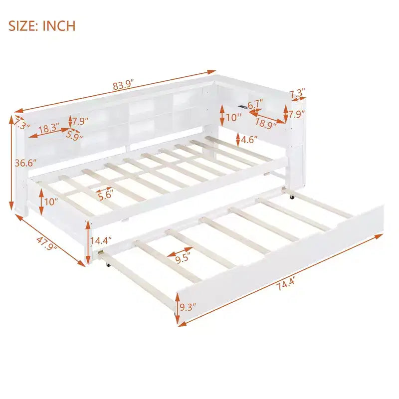Bellemave Letto a Giorno Singolo in Legno con Ruote Estraibili, Libreria e Stazione di Ricarica USB, Bianco