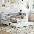 Bellemave Letto a Giorno Singolo in Legno con Ruote Estraibili, Libreria e Stazione di Ricarica USB, Bianco