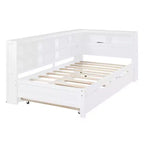 Bellemave Letto a Giorno Singolo in Legno con Ruote Estraibili, Libreria e Stazione di Ricarica USB, Bianco