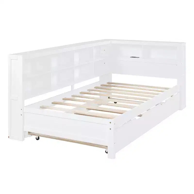Bellemave Letto a Giorno Singolo in Legno con Ruote Estraibili, Libreria e Stazione di Ricarica USB, Bianco