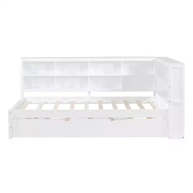 Bellemave Letto a Giorno Singolo in Legno con Ruote Estraibili, Libreria e Stazione di Ricarica USB, Bianco