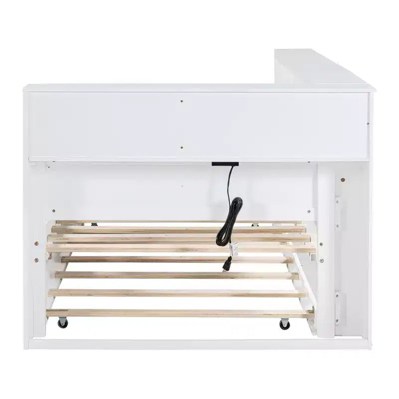 Bellemave Letto a Giorno Singolo in Legno con Ruote Estraibili, Libreria e Stazione di Ricarica USB, Bianco