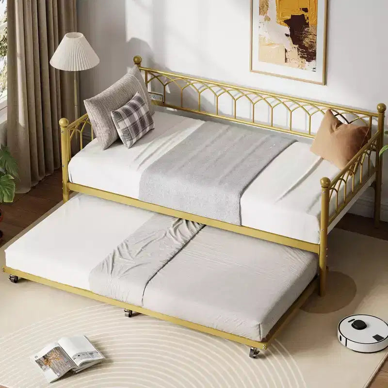 Divano Letto Singolo con Letto Estraibile, Divano Letto con Stazione di Ricarica e Luci LED, Struttura Letto in Metallo con Letto Estraibile per Soggiorno, Camera da Letto, Appartamento