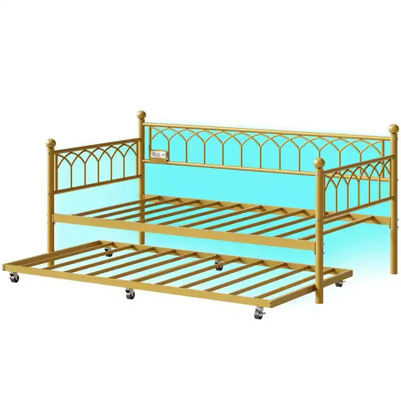 Divano Letto Singolo con Letto Estraibile, Divano Letto con Stazione di Ricarica e Luci LED, Struttura Letto in Metallo con Letto Estraibile per Soggiorno, Camera da Letto, Appartamento