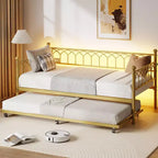 Twin Daybed with Trundle, Day Bed with Charging Station & LED Lights, Metal Sofa Bed Frame with Pull Out Trundle for Living Room, Bedroom, Apartment
