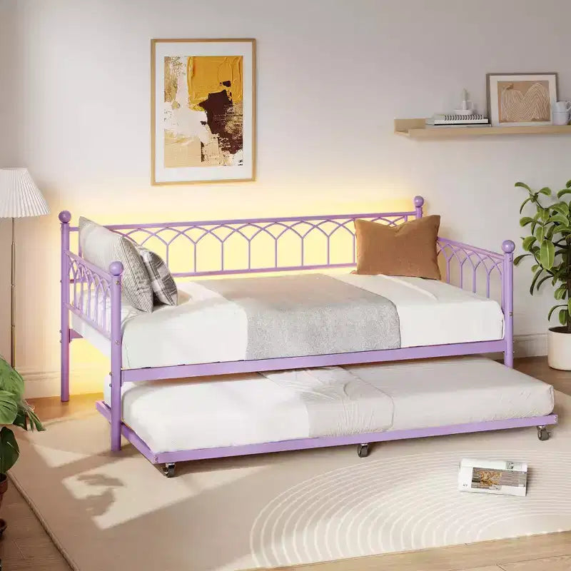 Divano Letto Singolo con Letto Estraibile, Divano Letto con Stazione di Ricarica e Luci LED, Struttura Letto in Metallo con Letto Estraibile per Soggiorno, Camera da Letto, Appartamento