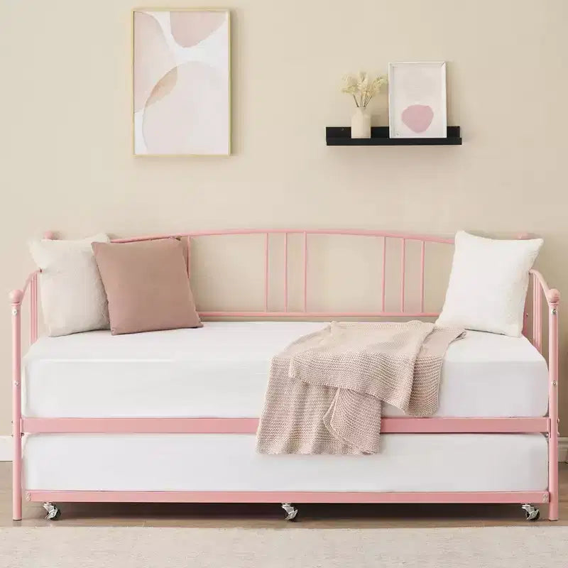 Coolmee Letto a Giorno in Metallo Matrimoniale con Rete Estraibile, Struttura Letto Estraibile con Testiera Ad Arco, Divano Letto per Ospiti con Supporto a Doghe in Acciaio