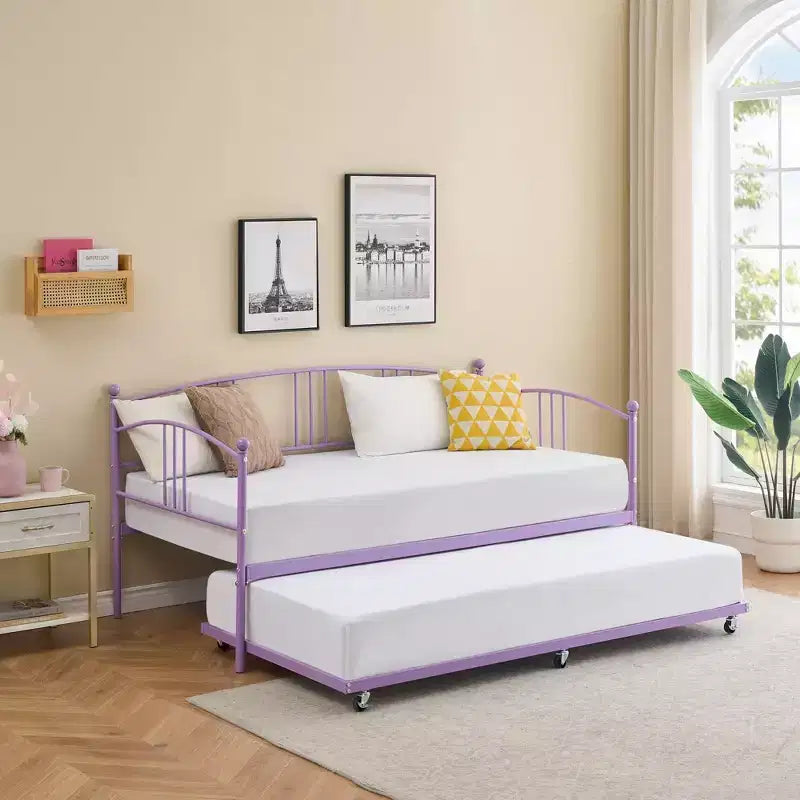 Coolmee Letto a Giorno in Metallo Matrimoniale con Rete Estraibile, Struttura Letto Estraibile con Testiera Ad Arco, Divano Letto per Ospiti con Supporto a Doghe in Acciaio