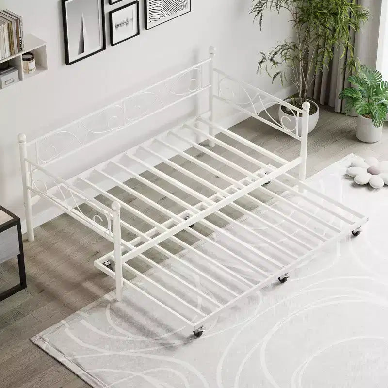 Coolmee Letto da Giorno con Letto Estraibile, Letto da Giorno in Metallo a Una Piazza con Testiera Floreale, Struttura Moderna per Divano Letto, Supporto a Doghe in Acciaio Resistente