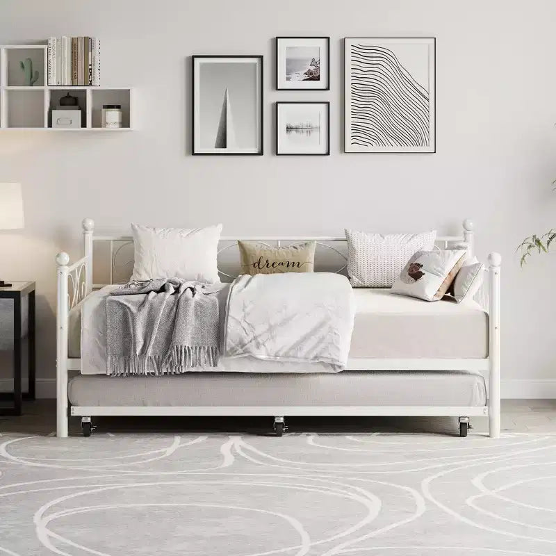 Coolmee Letto da Giorno con Letto Estraibile, Letto da Giorno in Metallo a Una Piazza con Testiera Floreale, Struttura Moderna per Divano Letto, Supporto a Doghe in Acciaio Resistente