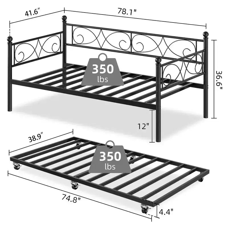 Coolmee Letto da Giorno con Letto Estraibile, Letto da Giorno in Metallo a Una Piazza con Testiera Floreale, Struttura Moderna per Divano Letto, Supporto a Doghe in Acciaio Resistente