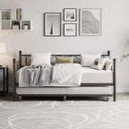 Coolmee Letto da Giorno con Letto Estraibile, Letto da Giorno in Metallo a Una Piazza con Testiera Floreale, Struttura Moderna per Divano Letto, Supporto a Doghe in Acciaio Resistente
