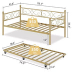 Coolmee Letto da Giorno con Letto Estraibile, Letto da Giorno in Metallo a Una Piazza con Testiera Floreale, Struttura Moderna per Divano Letto, Supporto a Doghe in Acciaio Resistente